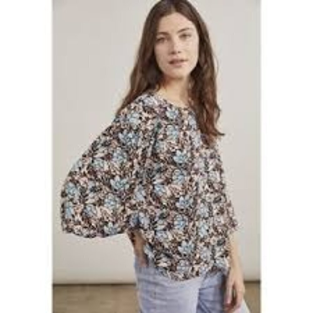 Elizabeth And James Floral Blouse Womens Large Blue Brown 3/4 Puff Sleeve - Picture 9 of 9